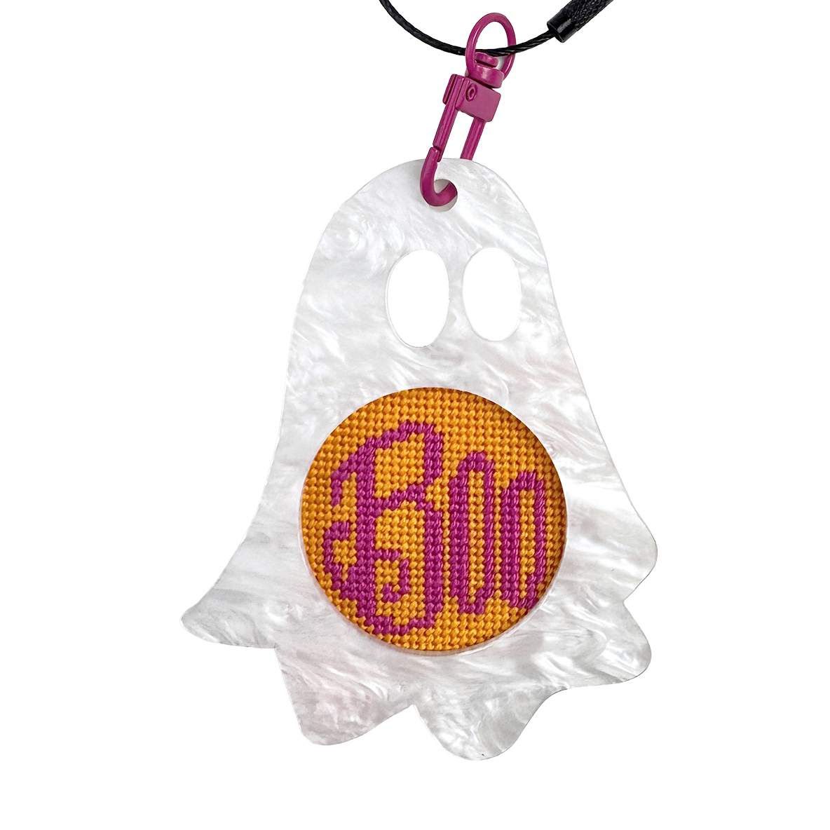 Ghost-shaped keychain with 'Boo' on a white background needlepoint canvas kit