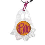 Ghost-shaped keychain with 'Boo' on a white background needlepoint canvas kit