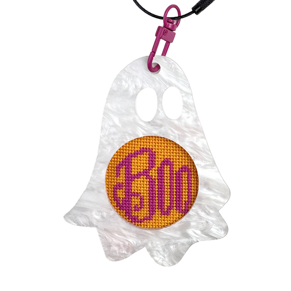 Ghost-shaped keychain with 'Boo' on a white background needlepoint canvas kit