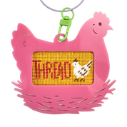 Pink chicken-shaped bag tag keychain with a yellow panel displaying text "thread" and a chicken illustration.