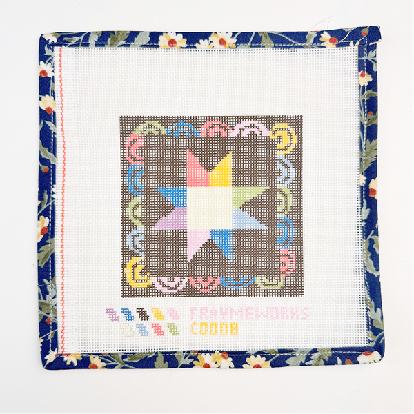 Needlepoint canvas star design on fabric with floral border and Handker design Matilda.