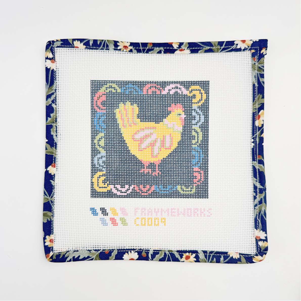 Needlepoint canvas chicken design on fabric with floral border and Handker design Matilda.