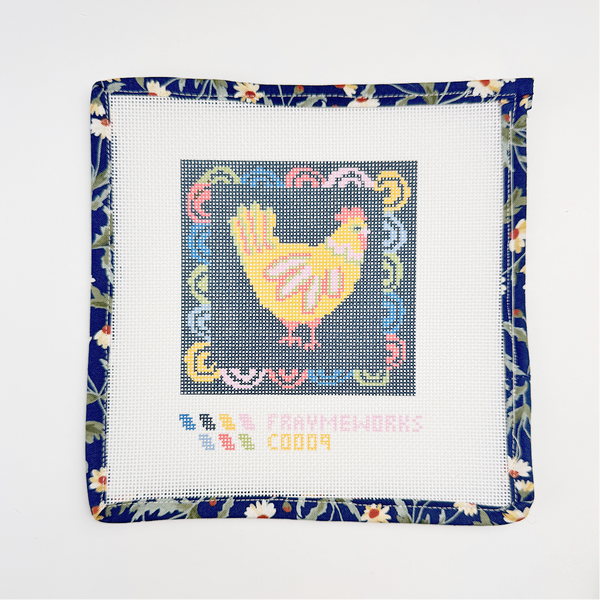 Needlepoint canvas chicken design on fabric with floral border and Handker design Matilda.