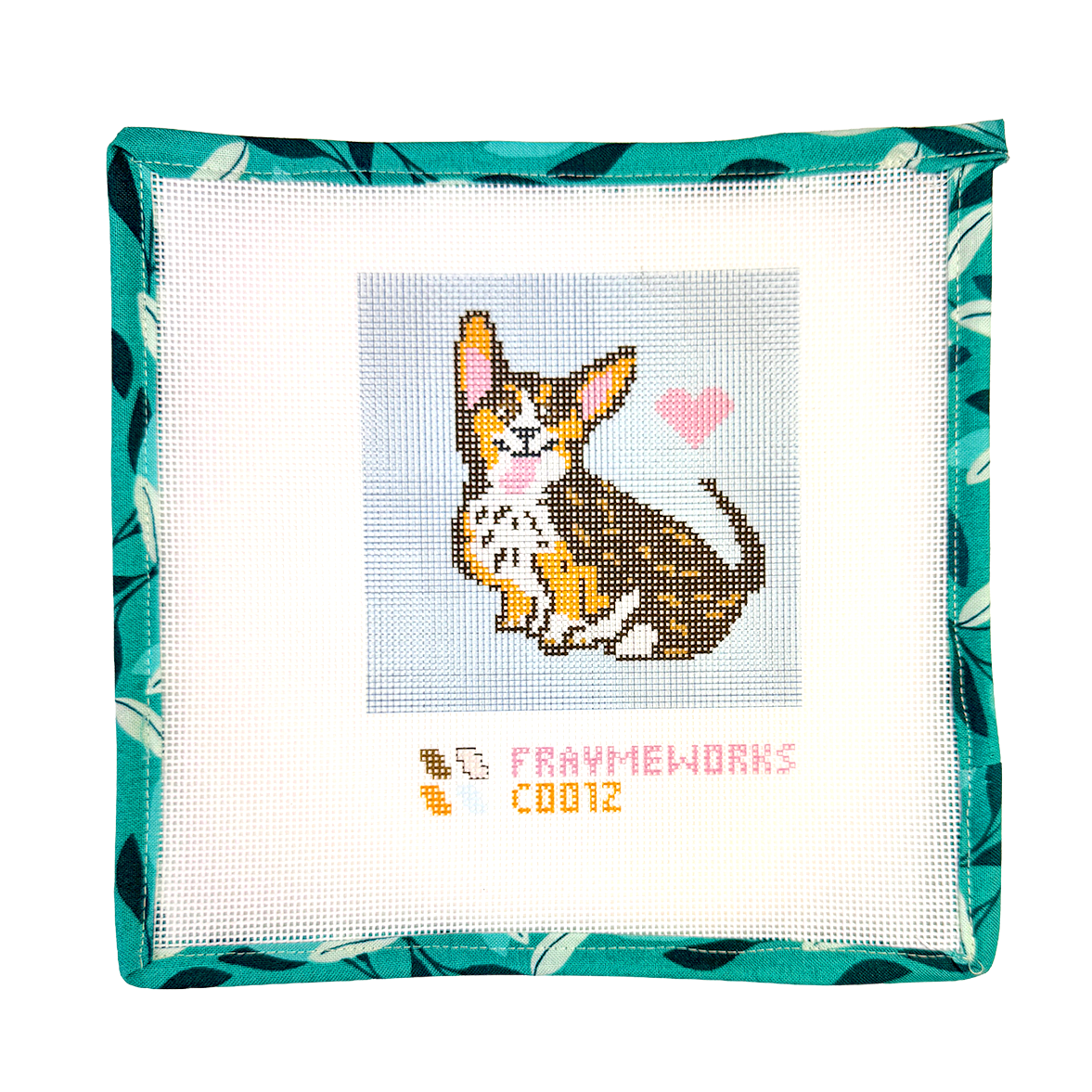 Needlepoint canvas kit with a corgi dog design and 'Fraymeworks' branding on a white background.