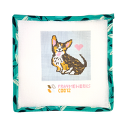 Needlepoint canvas kit with a corgi dog design and 'Fraymeworks' branding on a white background.