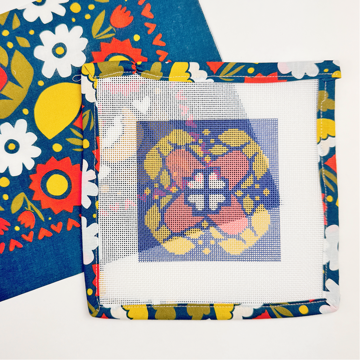 Needlepoint canvas pattern on aida fabric with colorful floral border nordic modern