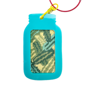 Turquoise mason jar-shaped keychain fram with a red wire and yellow clip on a white background. needlepoint design with green and yellow pickles