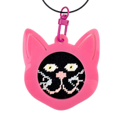 Pink cat-shaped needlepoint keychain with a black background